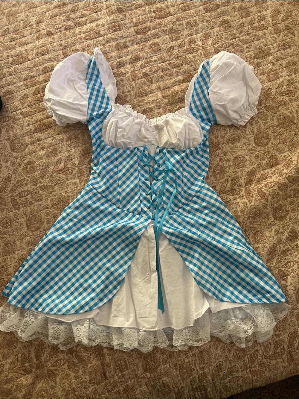 Fashion Nova Blue & White Gingham Puff-Sleeve Dress